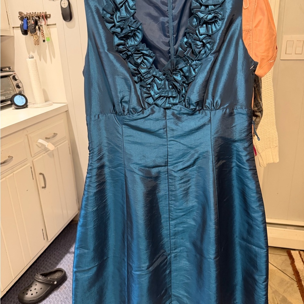 London Times Deep Blue Backless Dress with Ruffle Detail